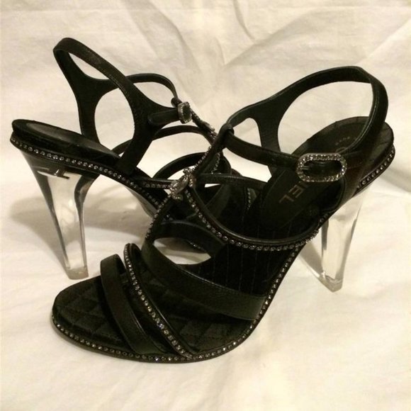 CHANEL 14C Leather Crystal Jewel CC Strappy Sandal Lucite PVC Heel Shoes - Picture 1 of 12